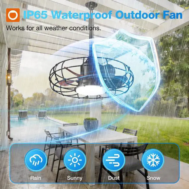 Alt view image 2 of 7 - 20" Outdoor Ceiling Fan with Light for Patio, IP65 Plug in Caged Fan