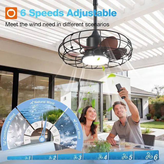 Alt view image 3 of 7 - 20" Outdoor Ceiling Fan with Light for Patio, IP65 Plug in Caged Fan