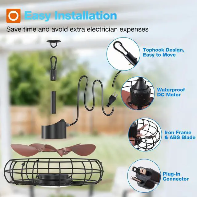 Alt view image 6 of 7 - 20" Outdoor Ceiling Fan with Light for Patio, IP65 Plug in Caged Fan