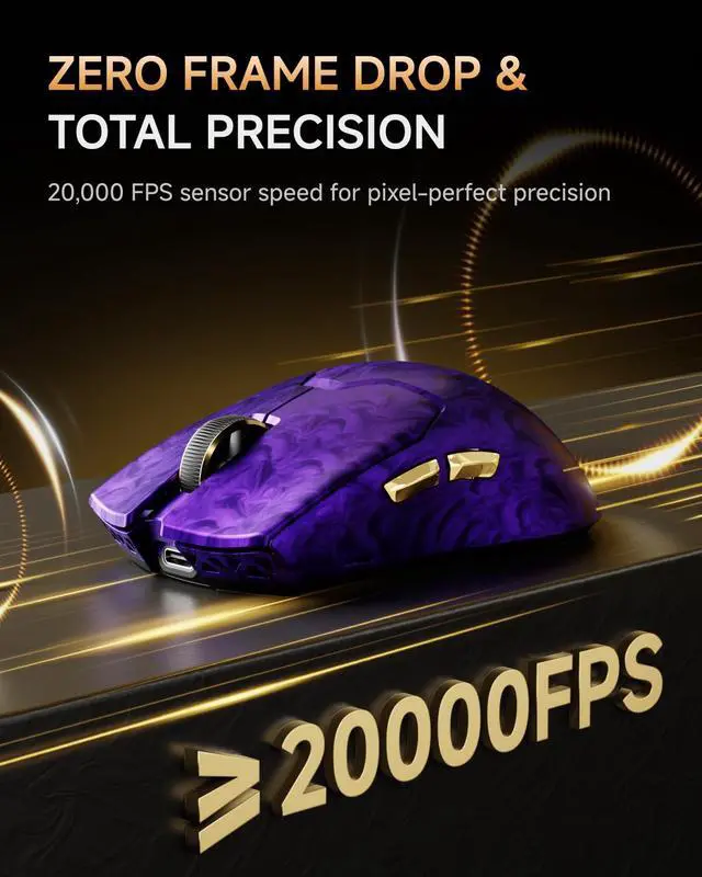 Alt view image 4 of 7 - Z7 Carbon Fiber Shell Wireless Gaming Mouse with 42000 DPI, PAW3950 Sensor, Kailh Optical Switch, Ergonomic 52g Lightweight, 8k Polling Dual-Mode (Wired/2.4GHz), Up to 300 Hr Battery, Purple