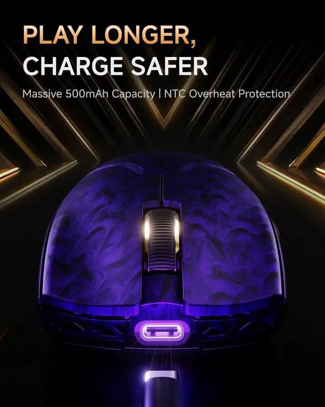 Alt view image 5 of 7 - Z7 Carbon Fiber Shell Wireless Gaming Mouse with 42000 DPI, PAW3950 Sensor, Kailh Optical Switch, Ergonomic 52g Lightweight, 8k Polling Dual-Mode (Wired/2.4GHz), Up to 300 Hr Battery, Purple
