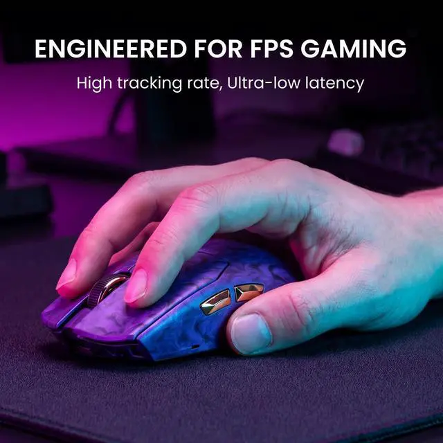 Alt view image 6 of 7 - Z7 Carbon Fiber Shell Wireless Gaming Mouse with 42000 DPI, PAW3950 Sensor, Kailh Optical Switch, Ergonomic 52g Lightweight, 8k Polling Dual-Mode (Wired/2.4GHz), Up to 300 Hr Battery, Purple