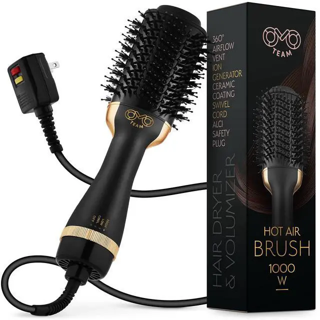 Main image of Professional Blowout Hair Dryer Brush, Black Gold Dryer and Volumizer, Hot Air Brush for Women, 75MM Oval Shape (Black Gold)