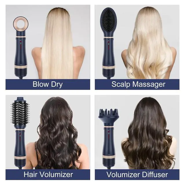 Alt view image 2 of 7 - Hair Dryer Brush Set, I4 in 1 Blowout Brush, Negative Ion Detachable Hair Dryer & Styler Volumizer Hot Air Hair Dryer Brush with 2 Styling Brush Heads, Prussian Blue