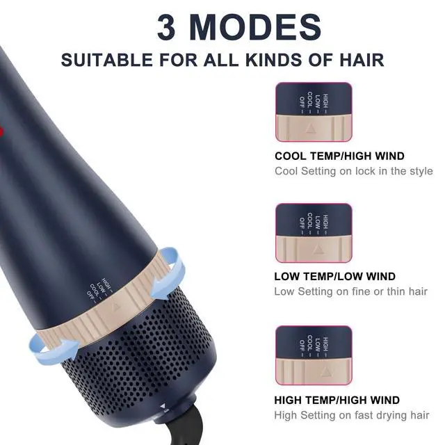 Alt view image 4 of 7 - Hair Dryer Brush Set, I4 in 1 Blowout Brush, Negative Ion Detachable Hair Dryer & Styler Volumizer Hot Air Hair Dryer Brush with 2 Styling Brush Heads, Prussian Blue