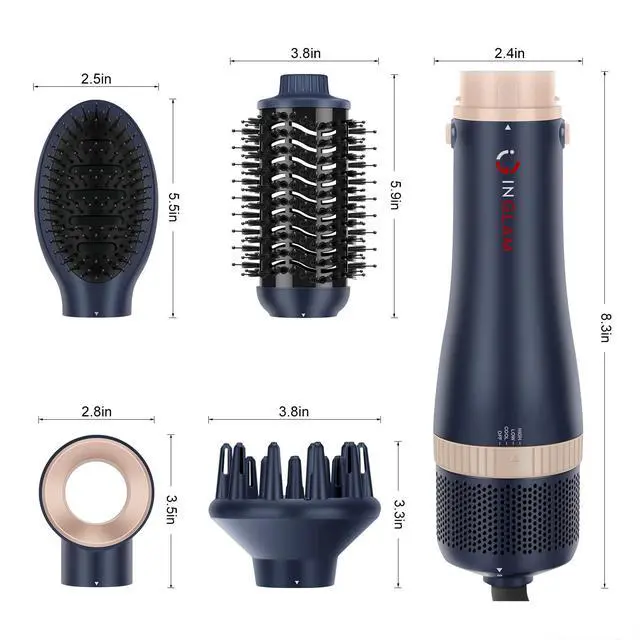 Alt view image 6 of 7 - Hair Dryer Brush Set, I4 in 1 Blowout Brush, Negative Ion Detachable Hair Dryer & Styler Volumizer Hot Air Hair Dryer Brush with 2 Styling Brush Heads, Prussian Blue