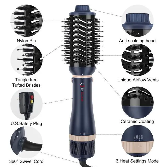 Alt view image 7 of 7 - Hair Dryer Brush Set, I4 in 1 Blowout Brush, Negative Ion Detachable Hair Dryer & Styler Volumizer Hot Air Hair Dryer Brush with 2 Styling Brush Heads, Prussian Blue