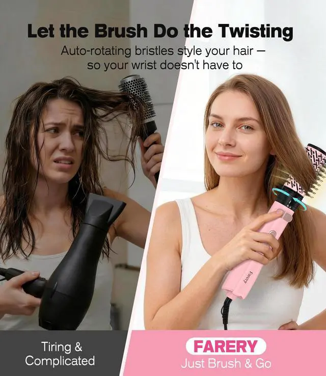 Alt view image 4 of 7 - Hot Air Brush 1000W 4-in-1 Volumizer & Styler for Damp Hair, Hold-to-Rotate Round Brush Hair Dryer Brush for Volume, Smooth & Curl, Diffuser Included, Best for Fine to Medium-Thick Hair