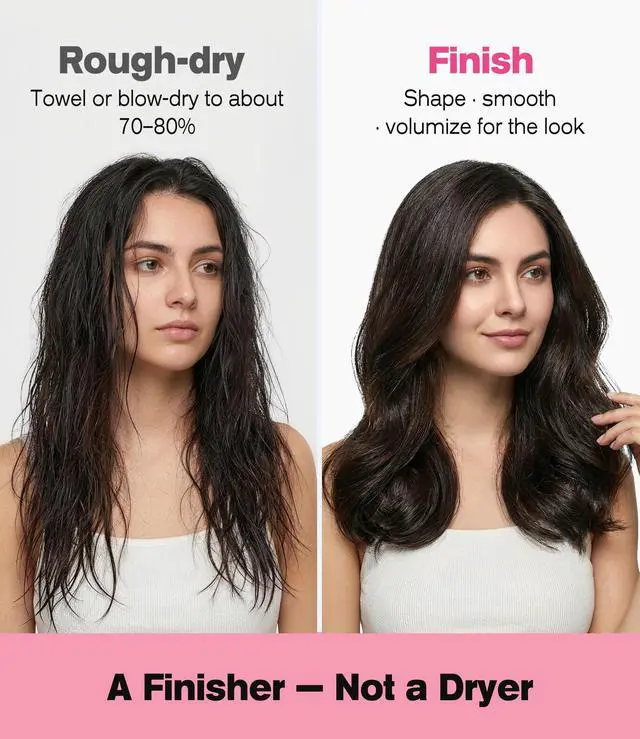 Alt view image 2 of 7 - Hot Air Brush 1000W 4-in-1 Volumizer & Styler for Damp Hair, Hold-to-Rotate Round Brush Hair Dryer Brush for Volume, Smooth & Curl, Diffuser Included, Best for Fine to Medium-Thick Hair