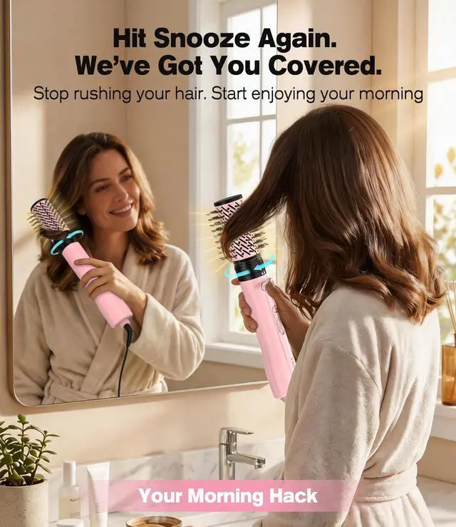 Alt view image 6 of 7 - Hot Air Brush 1000W 4-in-1 Volumizer & Styler for Damp Hair, Hold-to-Rotate Round Brush Hair Dryer Brush for Volume, Smooth & Curl, Diffuser Included, Best for Fine to Medium-Thick Hair