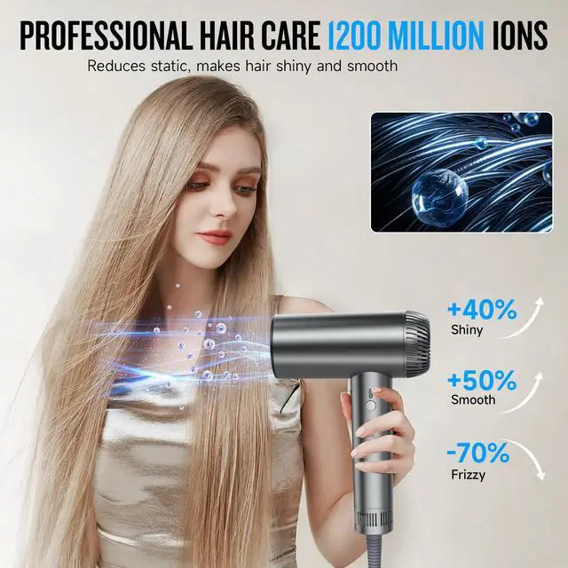 Alt view image 3 of 7 - 2026 Hair Dryer, 200,000 RPM Professional High Speed Blow Dryer with Diffuser for Women, 1200M Negative Ionic Hair Dryer with Brushless Motor, Low Noise Hair Blow Dryer for Home Travel Salon,Gray