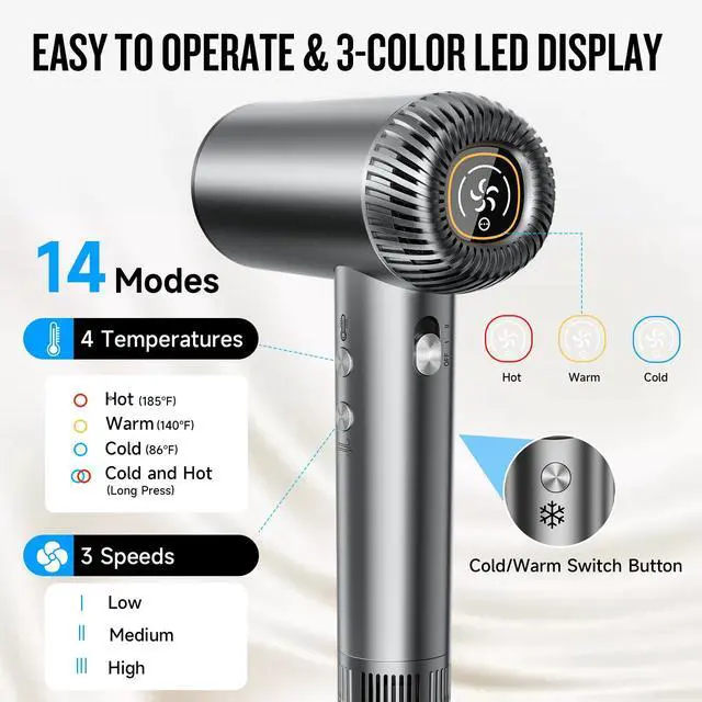 Alt view image 5 of 7 - 2026 Hair Dryer, 200,000 RPM Professional High Speed Blow Dryer with Diffuser for Women, 1200M Negative Ionic Hair Dryer with Brushless Motor, Low Noise Hair Blow Dryer for Home Travel Salon,Gray