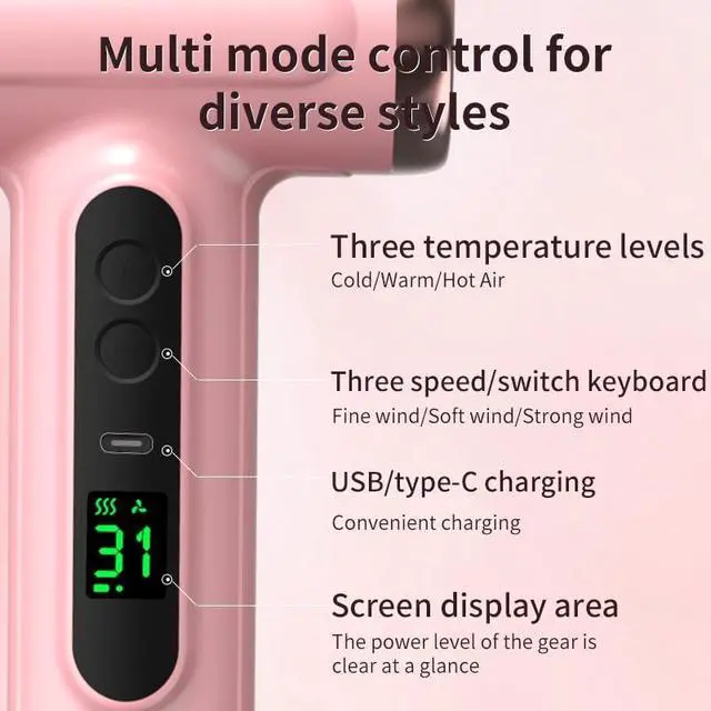 Alt view image 3 of 7 - Cordless Hair Dryer, 15000mAh Rechargeable Blow Dryer 200W Battery Operated Hairdryer with 3 Adjustable Wind Modes and Display Screen, for Travel Camping