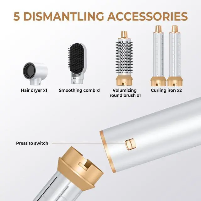 Alt view image 2 of 7 - Hair Dryer Brush 5 in 1, Blow Dryer Brush Set with Air Curler Wrap Hair Styler, Negative Ionic Blow Dry Brush, Detachable Hair Tool for Curling, Volumizer,Straightener,Drying