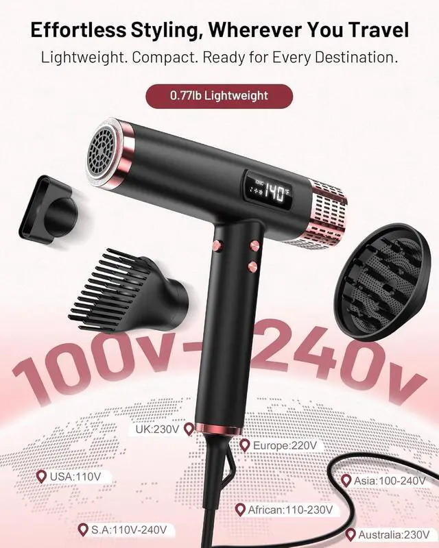 Alt view image 2 of 7 - Dual Voltage Travel Hair Dryer with Diffuser, 1875W Ionic,Black