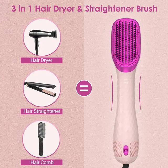 Alt view image 2 of 7 - 3 in 1 Hair Dryer Brush Professional 1200W Powerful Ceramic Tourmaline 3 Heat/2 Speed Settings One Step Hair Dryer and Styler (Pink)