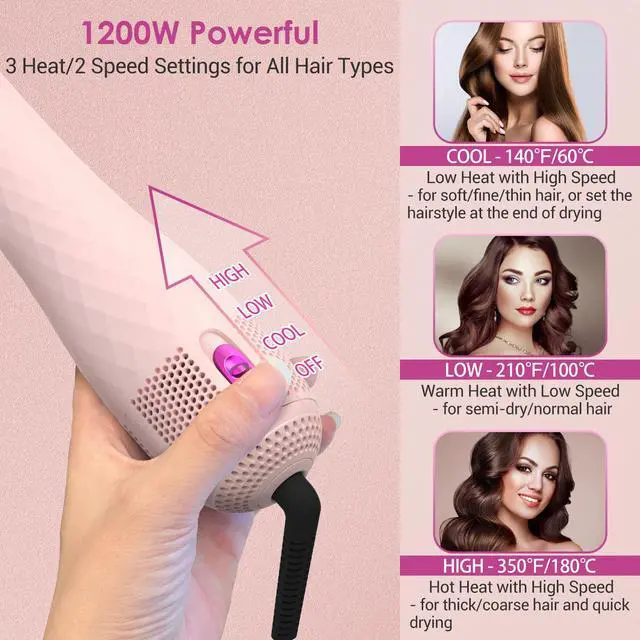 Alt view image 3 of 7 - 3 in 1 Hair Dryer Brush Professional 1200W Powerful Ceramic Tourmaline 3 Heat/2 Speed Settings One Step Hair Dryer and Styler (Pink)