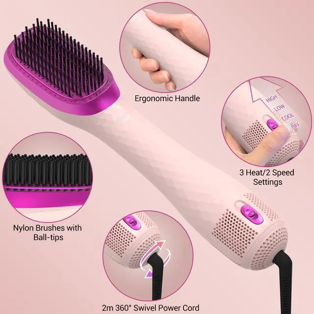 Alt view image 5 of 7 - 3 in 1 Hair Dryer Brush Professional 1200W Powerful Ceramic Tourmaline 3 Heat/2 Speed Settings One Step Hair Dryer and Styler (Pink)