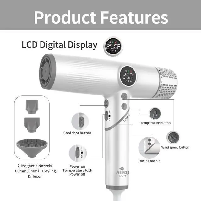 Alt view image 3 of 7 - Salon Ionic Hair Dryer, 1800W High-Speed Foldable Travel Blow Dryer, Brushless Motor for Fast Drying & Frizz Control, 3 Temps & 3 Speeds, Lightweight, Portable & Quiet with 3 Magnetic Nozzles