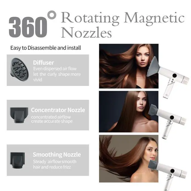 Alt view image 5 of 7 - Salon Ionic Hair Dryer, 1800W High-Speed Foldable Travel Blow Dryer, Brushless Motor for Fast Drying & Frizz Control, 3 Temps & 3 Speeds, Lightweight, Portable & Quiet with 3 Magnetic Nozzles