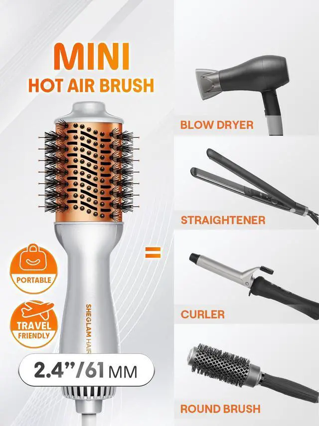 Alt view image 2 of 7 - Hair Mini Blow Dryer Brush, Travel Dual Voltage 120V-240V Hot Air Brush Styler, 35000 RPM Hair Dryer Brush with 2 Heat Settings for Smooth Anti-Frizz Blowouts, Adds Shine, Volume & Fullness