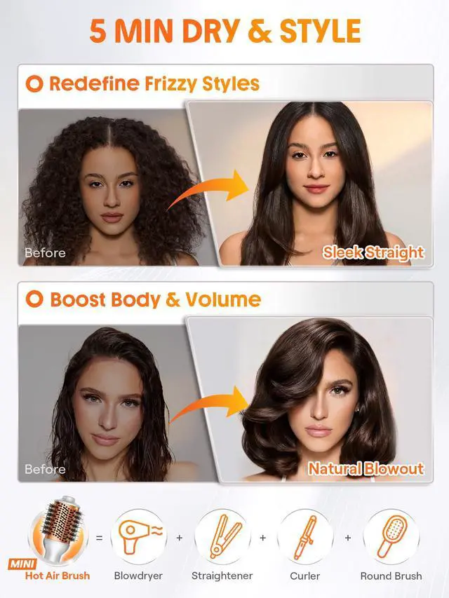 Alt view image 3 of 7 - Hair Mini Blow Dryer Brush, Travel Dual Voltage 120V-240V Hot Air Brush Styler, 35000 RPM Hair Dryer Brush with 2 Heat Settings for Smooth Anti-Frizz Blowouts, Adds Shine, Volume & Fullness