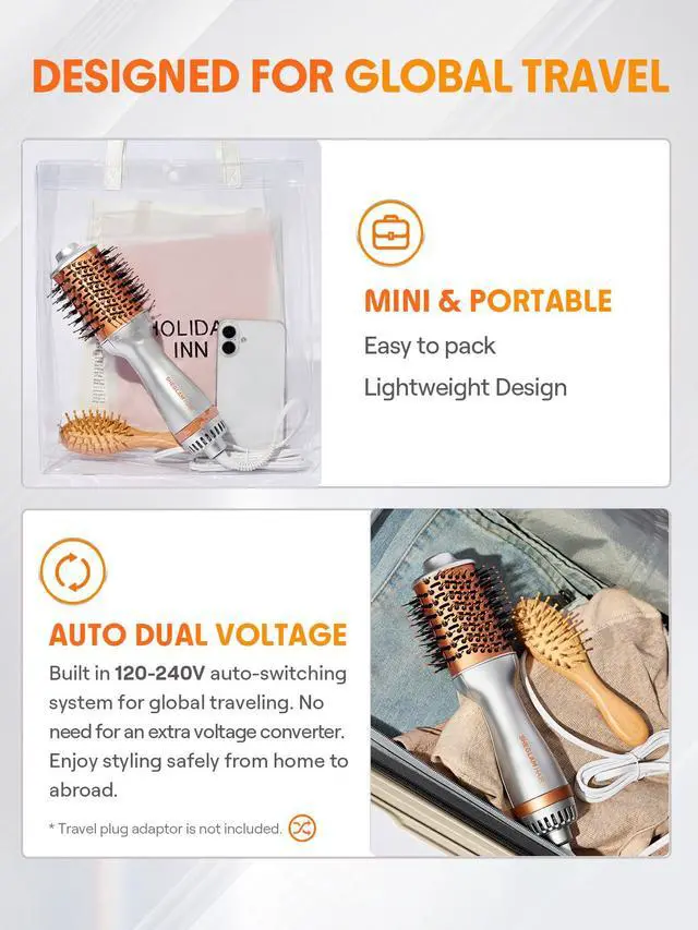 Alt view image 4 of 7 - Hair Mini Blow Dryer Brush, Travel Dual Voltage 120V-240V Hot Air Brush Styler, 35000 RPM Hair Dryer Brush with 2 Heat Settings for Smooth Anti-Frizz Blowouts, Adds Shine, Volume & Fullness