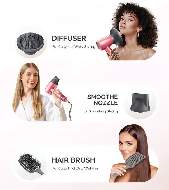 Alt view image 7 of 7 - Hair Dryer with Diffuser, 1600W Fast Drying Low Noise Ionic Hair Dryer for Curly Hair with Diffuser,Nozzle and Hair Brush,120,000 RPM Blow Dryer Ideal for Women