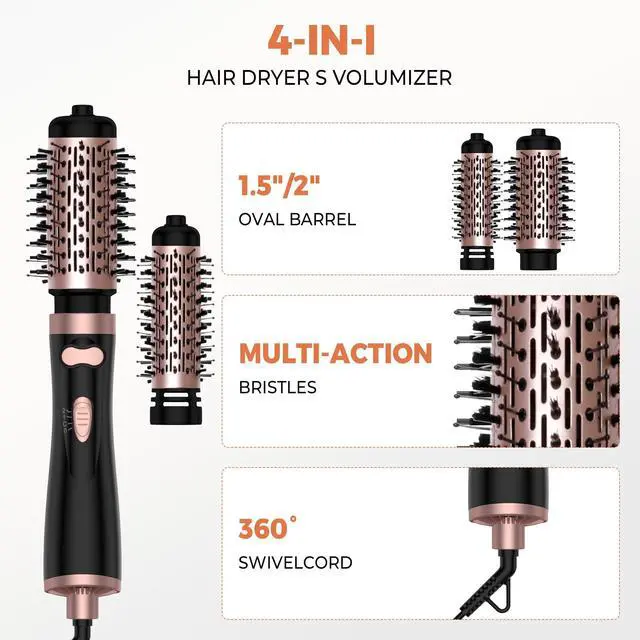 Alt view image 2 of 7 - 3 in 1 Rotating Hair Dryer Brush, Auto Rotating Blow Dryer Brush Spinning with 2 Brushes (2" & 1.5"), Negative Ionic Brush Blow Dryer, Round Brush Blow Dryer Volumize Curling 100-120V