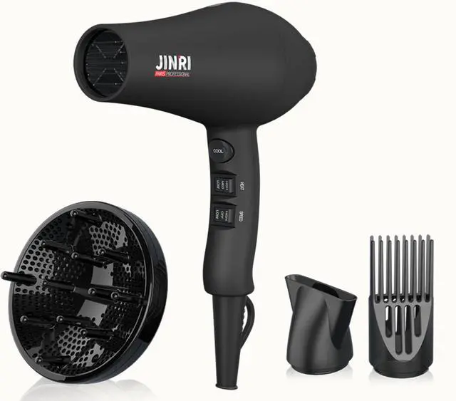 Main image of Hair Dryer, 3 Heat & 2 Speed, 1875W, with Diffuser, with Concentrator, Ionic Technology & Infrared - Black, Detachable Air Intake, Non-Foldable, Hanging Strap, 125V, JR-104