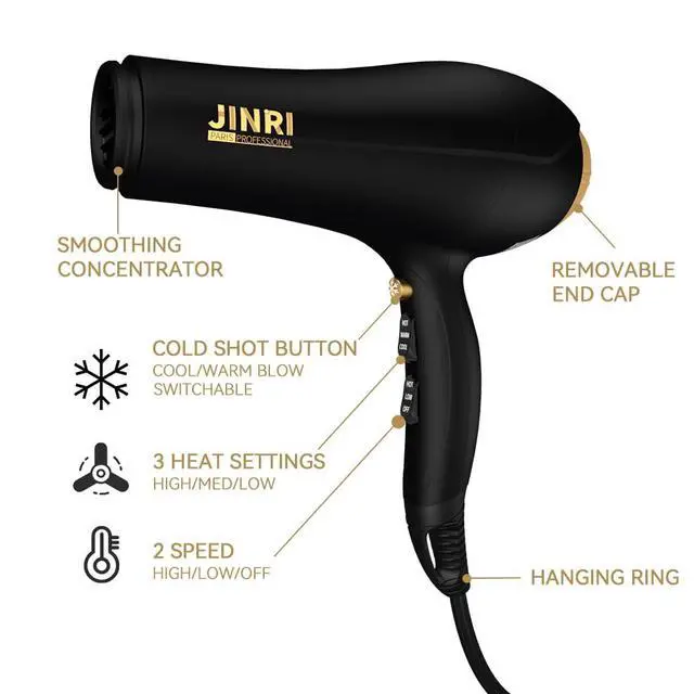 Alt view image 2 of 7 - 2000W Hair Dryer with Negative Ion & Infrared - Black, 3 Heat & 2 Speed, Detachable Air Intake, Concentrator/Diffuser, Hanging Strap