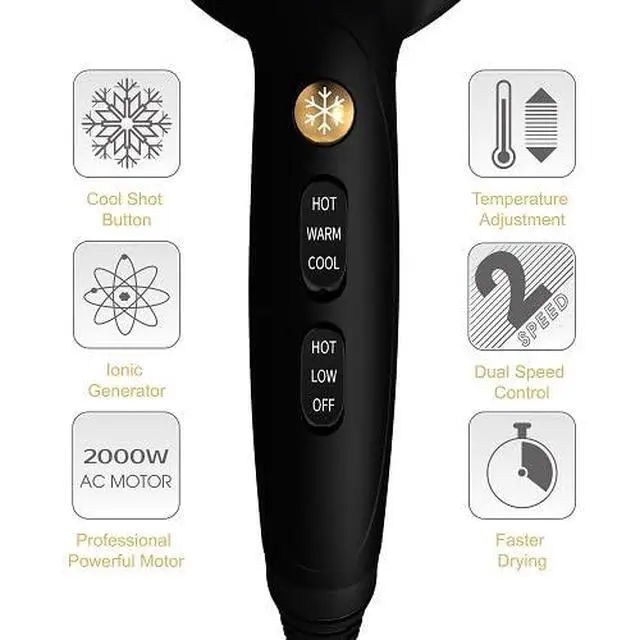 Alt view image 3 of 7 - 2000W Hair Dryer with Negative Ion & Infrared - Black, 3 Heat & 2 Speed, Detachable Air Intake, Concentrator/Diffuser, Hanging Strap