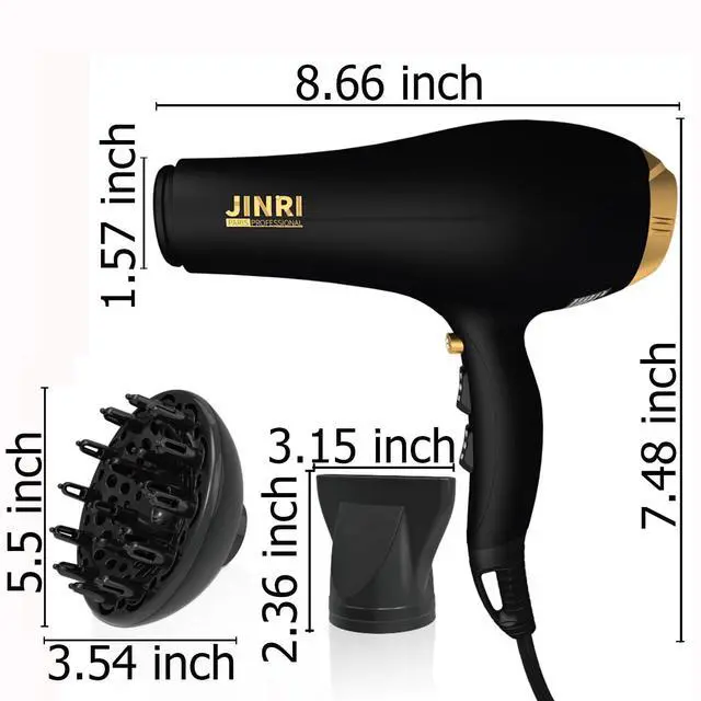 Alt view image 5 of 7 - 2000W Hair Dryer with Negative Ion & Infrared - Black, 3 Heat & 2 Speed, Detachable Air Intake, Concentrator/Diffuser, Hanging Strap