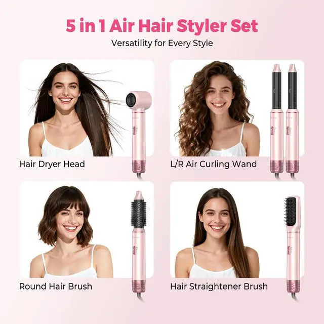 Alt view image 3 of 7 - 5 in 1 Hair Dryer Brush Set, Detachable Hot Air Styler, Blow Dryer Brush, 3 Heat Settings Auto Curling Wrap Styler, Ionic Hair Styling Tools - Straighten Curl Dry Volumize Smooth (Pink)