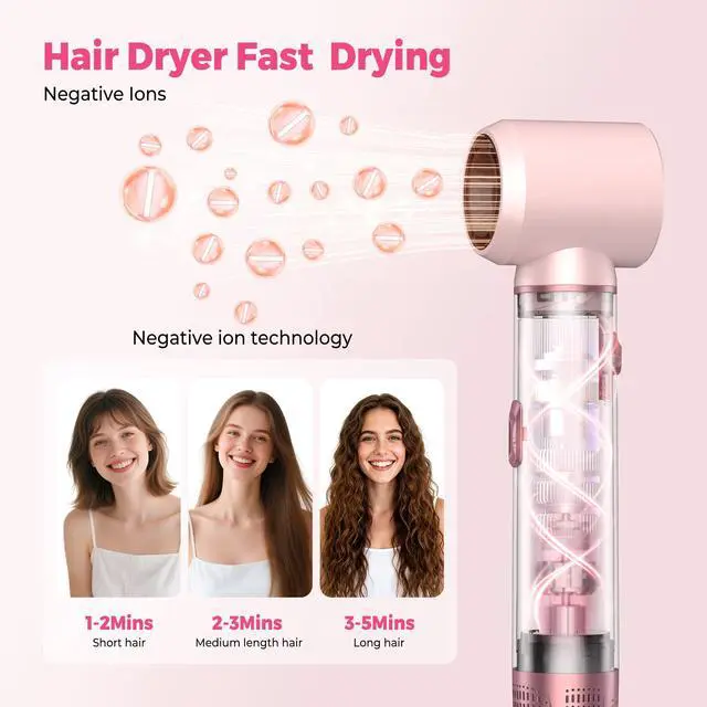 Alt view image 4 of 7 - 5 in 1 Hair Dryer Brush Set, Detachable Hot Air Styler, Blow Dryer Brush, 3 Heat Settings Auto Curling Wrap Styler, Ionic Hair Styling Tools - Straighten Curl Dry Volumize Smooth (Pink)