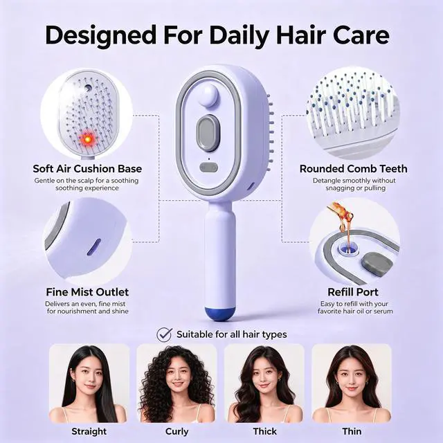 Alt view image 2 of 7 - Electric Steam Brush, Rechargeable Detangling Straightener (Purple)