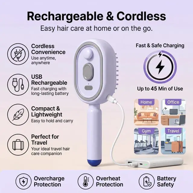 Alt view image 3 of 7 - Electric Steam Brush, Rechargeable Detangling Straightener (Purple)