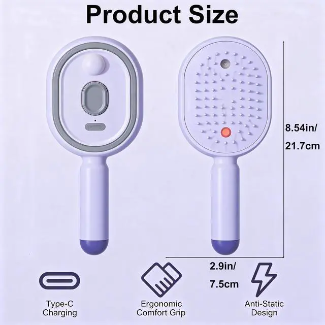Alt view image 4 of 7 - Electric Steam Brush, Rechargeable Detangling Straightener (Purple)