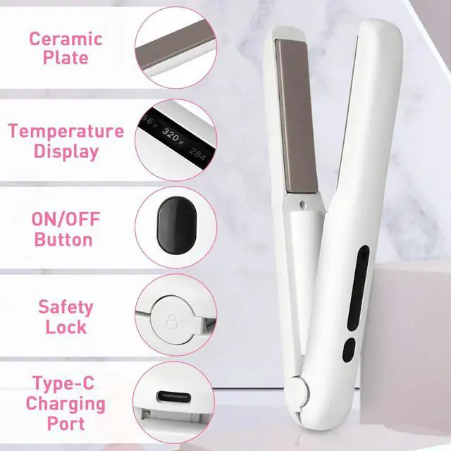 Alt view image 7 of 7 - Cordless Hair Straightener, Travel Flat Iron Rechargable for Women, Portable Mini Hair Straightener and Curler 2-in-1, Fast Heating, Adjustable Temp for Car,Travel, On-the-Go Styling(White)