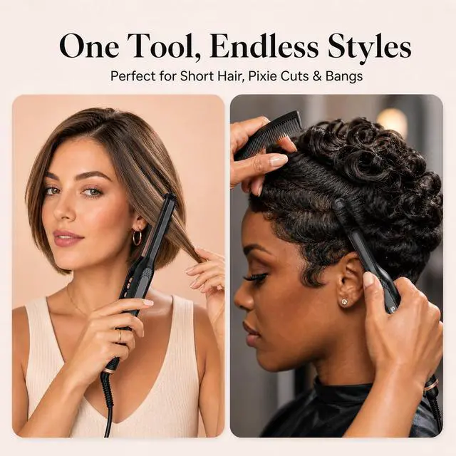 Alt view image 4 of 7 - Mini Pencil Flat Iron for Short Hair - 0.3" Ultra-Thin Hair Straightener & Curler, 9 Temp (190°F-430°F), Ceramic Tourmaline, Fast 30s Heat Up, Travel Kit with Pouch & Glove, Dual Volt(Rose Gold)