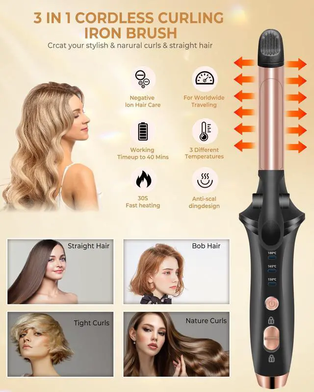 Alt view image 2 of 7 - Cordless Curling Iron Rechargeable,USB Rechargeable 4000 mAh Cordless Hair Curler,3 Temp Setting Mini Travel Battery Powered Curling Iron,2 in 1 Portable Hair Straightener and Curler