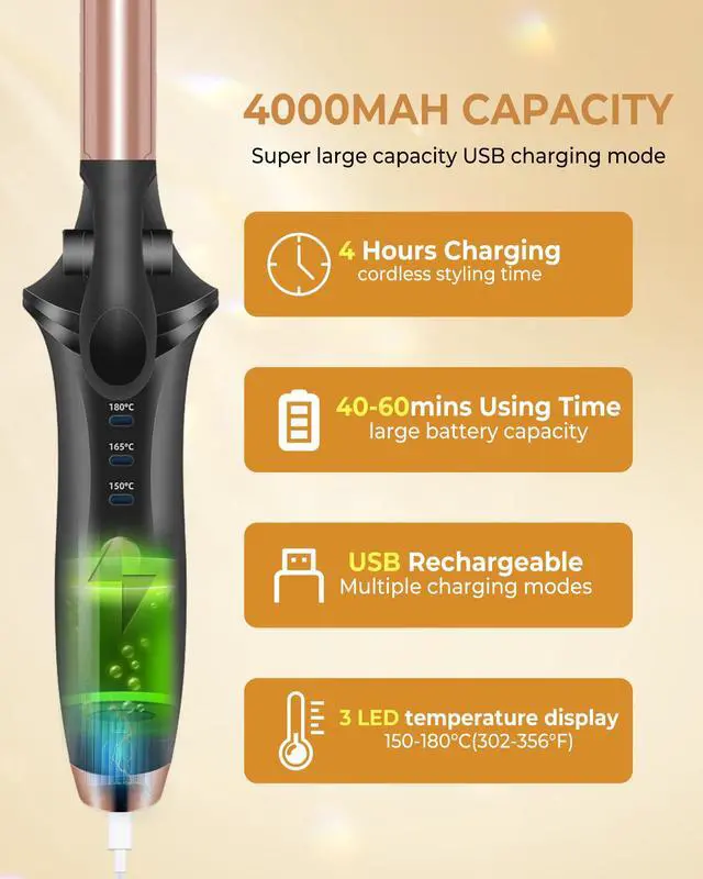 Alt view image 3 of 7 - Cordless Curling Iron Rechargeable,USB Rechargeable 4000 mAh Cordless Hair Curler,3 Temp Setting Mini Travel Battery Powered Curling Iron,2 in 1 Portable Hair Straightener and Curler