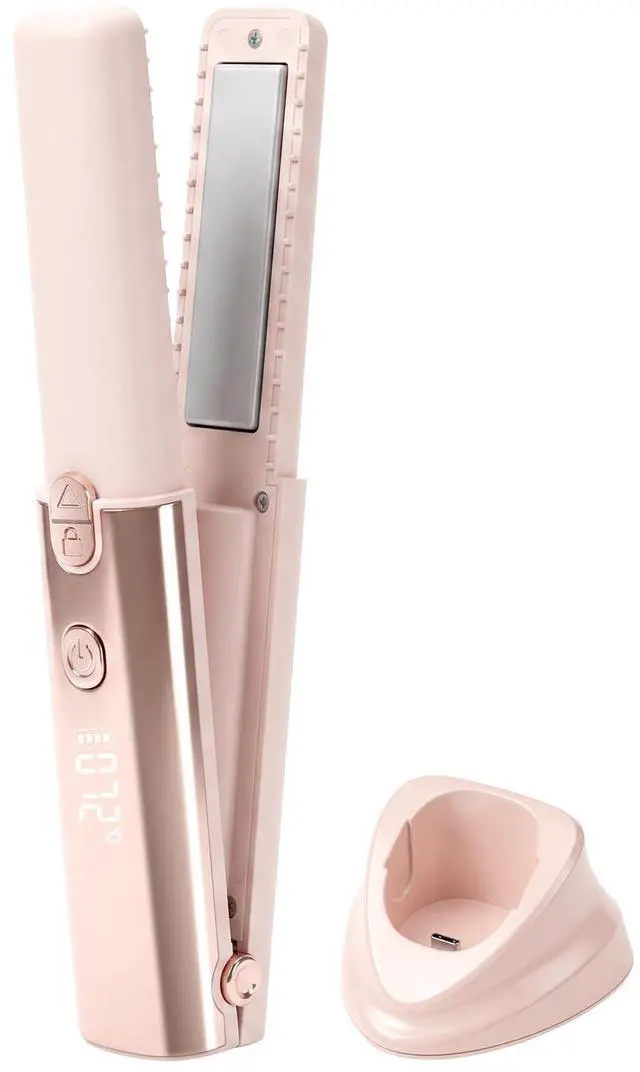 Main image of Cordless Hair Straightener and Curler 2 in 1, Portable Flat Iron with Charging Dock, 4000mAh Rechargeable Battery, 4 Adjustable Temps 284°F-428°F, 35W Fast Heating PTC (Pink)