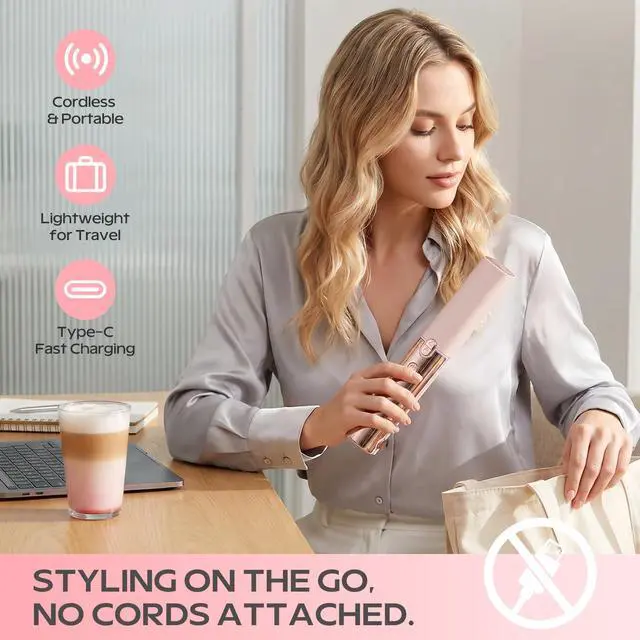 Alt view image 2 of 7 - Cordless Hair Straightener and Curler 2 in 1, Portable Flat Iron with Charging Dock, 4000mAh Rechargeable Battery, 4 Adjustable Temps 284°F-428°F, 35W Fast Heating PTC (Pink)