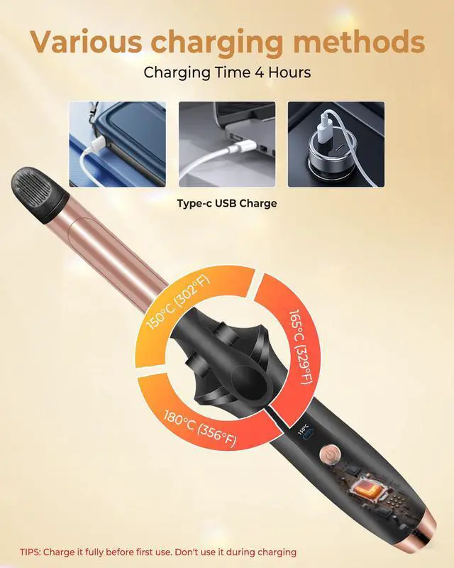 Alt view image 6 of 7 - Cordless Curling Iron Rechargeable,USB Rechargeable 4000 mAh Cordless Hair Curler,3 Temp Setting Mini Travel Battery Powered Curling Iron,2 in 1 Portable Hair Straightener and Curler