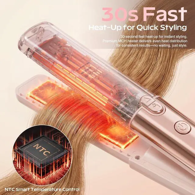 Alt view image 3 of 7 - Cordless Hair Straightener and Curler 2 in 1, Portable Flat Iron with Charging Dock, 4000mAh Rechargeable Battery, 4 Adjustable Temps 284°F-428°F, 35W Fast Heating PTC (Pink)