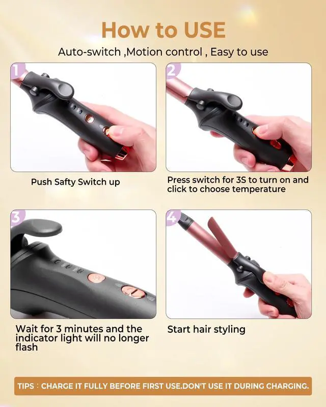 Alt view image 7 of 7 - Cordless Curling Iron Rechargeable,USB Rechargeable 4000 mAh Cordless Hair Curler,3 Temp Setting Mini Travel Battery Powered Curling Iron,2 in 1 Portable Hair Straightener and Curler