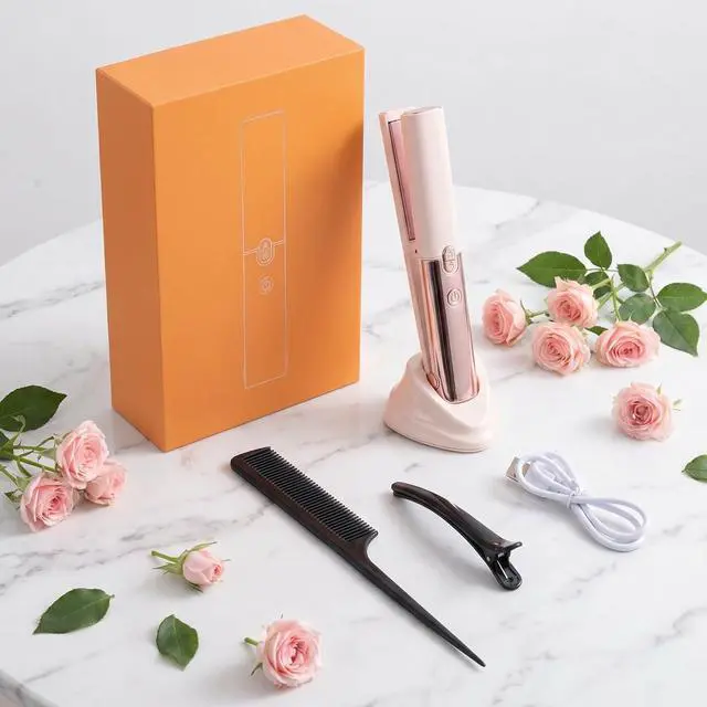 Alt view image 5 of 7 - Cordless Hair Straightener and Curler 2 in 1, Portable Flat Iron with Charging Dock, 4000mAh Rechargeable Battery, 4 Adjustable Temps 284°F-428°F, 35W Fast Heating PTC (Pink)