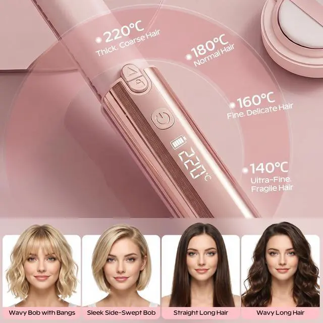Alt view image 6 of 7 - Cordless Hair Straightener and Curler 2 in 1, Portable Flat Iron with Charging Dock, 4000mAh Rechargeable Battery, 4 Adjustable Temps 284°F-428°F, 35W Fast Heating PTC (Pink)