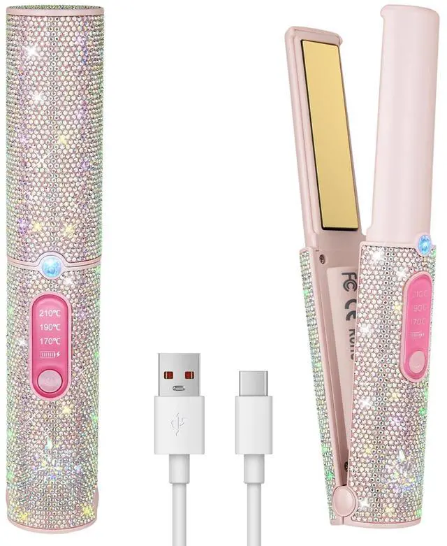 Main image of 2-in-1 Cordless Hair Straightener Curler, Pink Rhinestone Mini Wireless Titanium Flat Iron, 5000mAh USB-C Rechargeable, 2S Fast Heating, Up to 410°F, Portable Styling Tool, Ideal Gift for Women